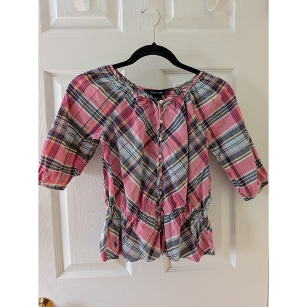Ralph Lauren Girls Pink Blue Plaid Peplum Button Front‎ Blouse Top Size 8